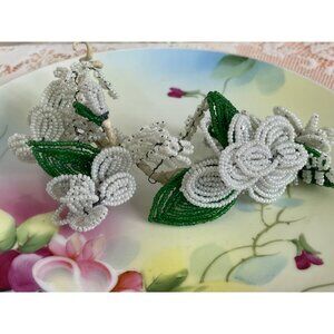 Vintage French Glass Seed White Beaded Floral Spray 7